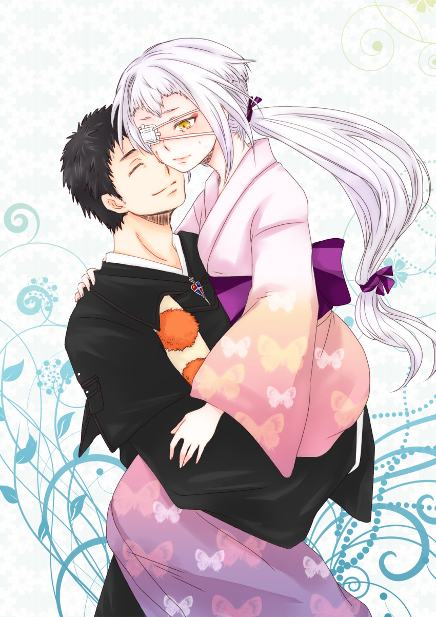 1girl, akito_md, ao_no_exorcist, black_hair, carrying, closed_eyes, couple, eyes_closed