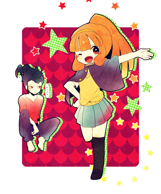 1girl, bad_id, baggy_pants, blue_hair, brown_eyes, brown_hair, cloak, hairband, inazuma_eleven, inazuma_eleven_(series), inazuma_eleven_go, inazuma_eleven_go_chrono_stone, karan_koron, long_hair, nanobana_kinako, open_mouth, skirt, sweater_vest, tsurugi_kyousuke, tsurugi_kyousuke_(cosplay), wink, yellow_eyes