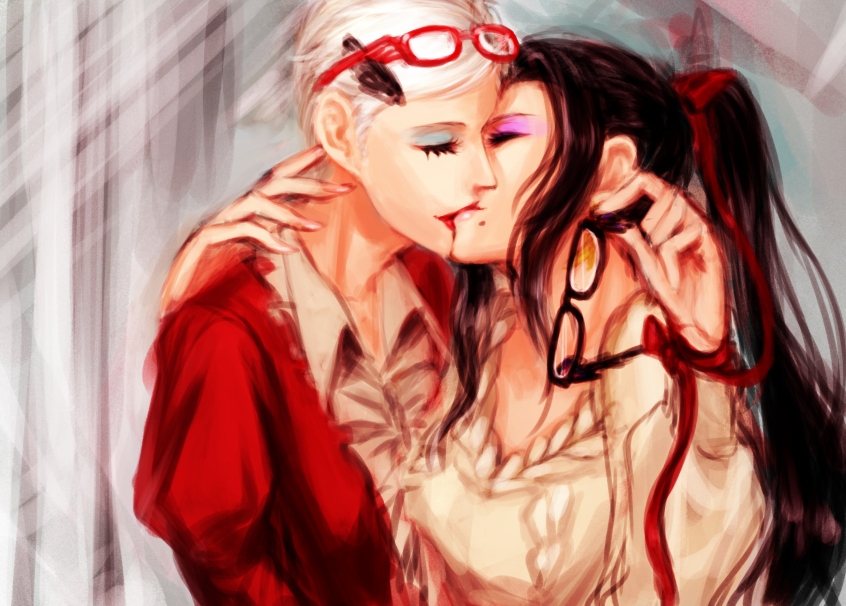 bayonetta, bayonetta_(character), black-framed_glasses, black_hair, breasts, closed_eyes, eyes_closed, eyeshadow, glasses, glasses_on_head, hair_ribbon, jeanne_(bayonetta), kiss, lipstick, makeup, mole, multiple_girls, mutual_yuri, ponytail, red-framed_glasses, red_ribbon, ribbon, seitsuji, short_hair, white_hair, yuri