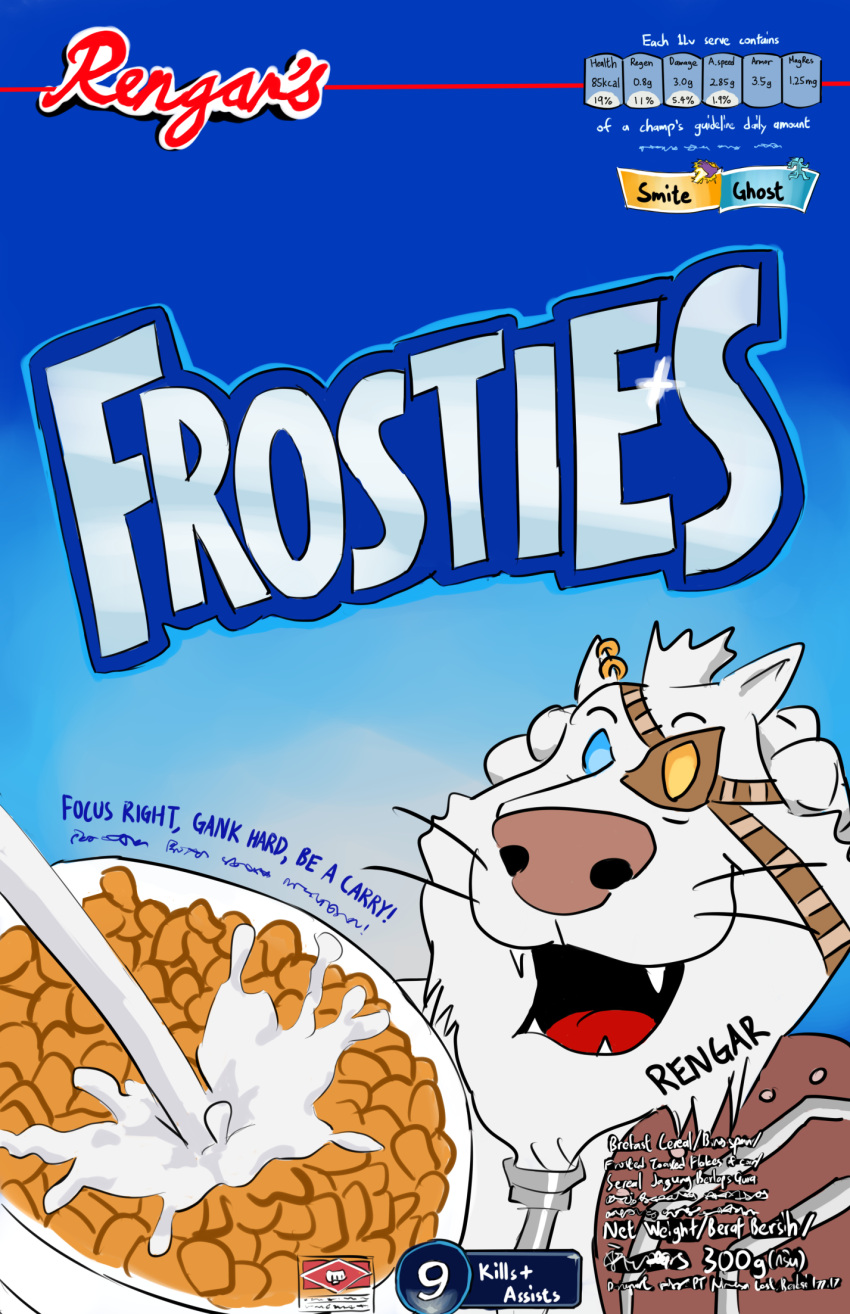 1boy, blue_eyes, cereal, cereal_box, english, engrish, eyepatch, fangs