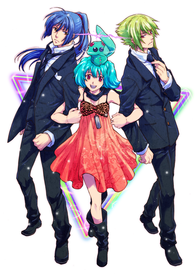 adjusting_tie, ai-kun, alien, boots, brera_sterne, dress, formal, frown