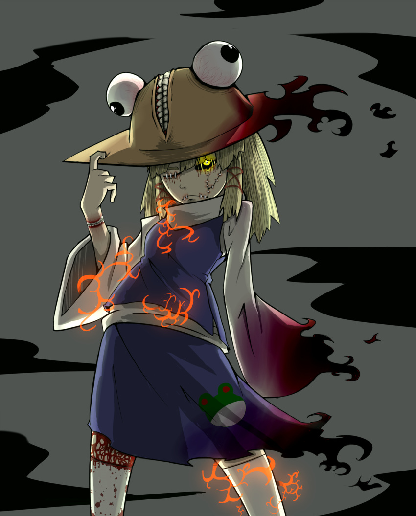 1girl, black_sclera, blonde_hair, blood, dress, frog, frown, glowing