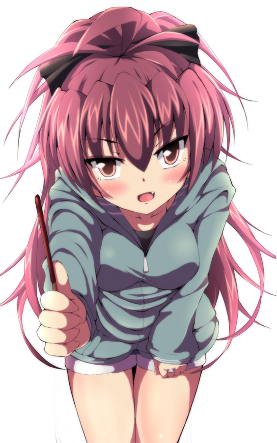 bare_legs, blush, body_blush, bow, fang, hair_bow, hair_ornament, long_hair, mahou_shoujo_madoka_magica, o-ryoku, ouryoku_(o-ryoku), pocky, ponytail, red_eyes, red_hair, redhead, sakura_kyouko, simple_background, solo, white_background