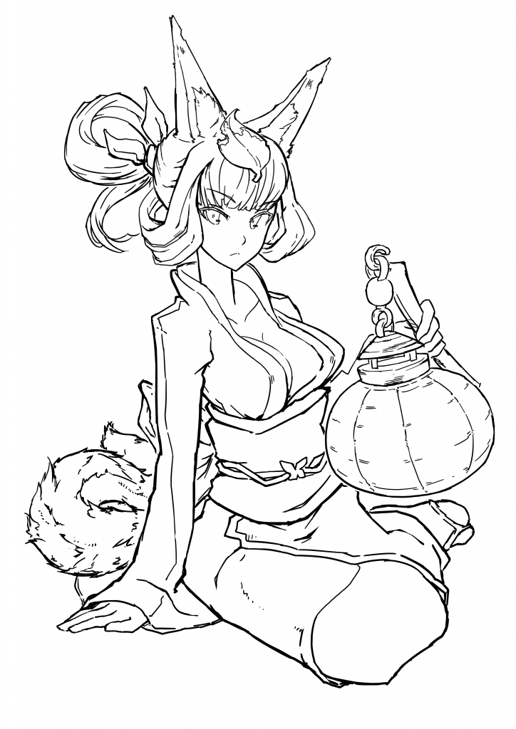 animal_ears, breasts, cleavage, doomfest, fox_ears, fox_tail, hair_rings, hair_updo, japanese_clothes, kimono, kongiku, lantern, leaf, leaf_on_head, lineart, long_hair, obi, oboro_muramasa, sitting, solo, tabi, tail, updo