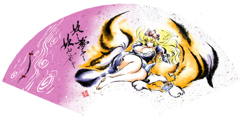 animal_ears, azuki_osamitsu, bare_legs, barefoot, blonde_hair, bracelet, breasts, cleavage, closed_eyes, dress, eyes_closed, folding_fan_design, fox, fox_ears, fox_tail, gap, huge_breasts, jewelry, kitsune, long_hair, multiple_tails, sleeping, tail, touhou, translation_request, yakumo_ran, yakumo_ran_(fox), yakumo_yukari