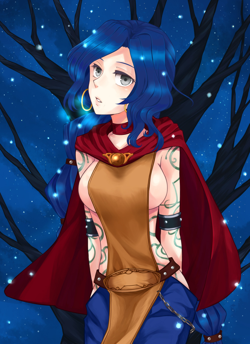 alternate_costume, armband, arms_behind_back, blue_hair, breasts, cape, chain, chains