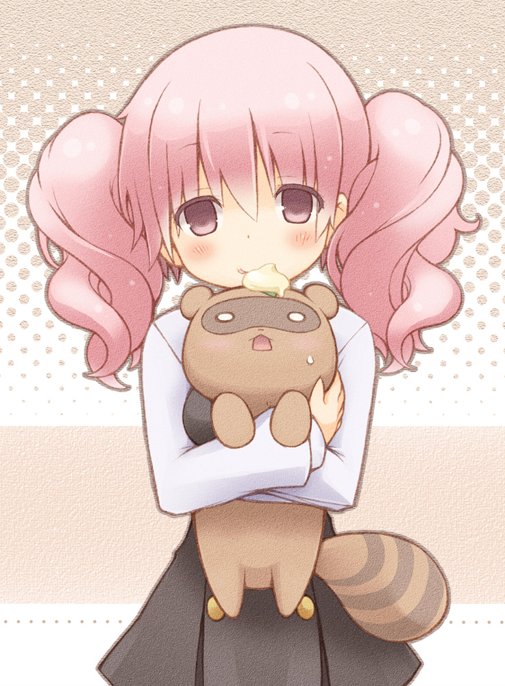 1girl, blush, inu_x_boku_ss, kuro_(kuroneko_no_kanzume), long_hair, pink_eyes, pink_hair, roromiya_karuta, smile, solo, tanuki, watanuki_banri