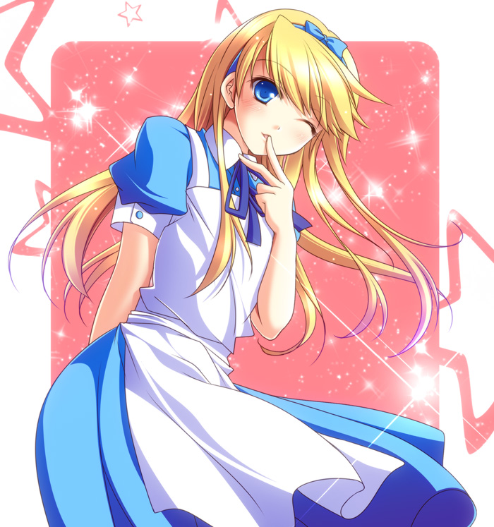 alice_(wonderland), alice_(wonderland)_(cosplay), alice_in_wonderland, apron, blonde_hair, blue_eyes, cosplay, crossdressinging, hair_ribbon, hairband, kuma_(persona_4), long_hair, mao_(core), mayokichi, persona, persona_4, ribbon, solo, star, trap, wink