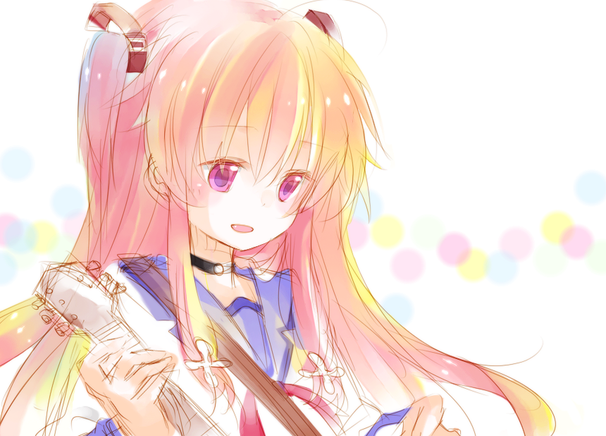 angel_beats!, fang, guitar, instrument, long_hair, pink_eyes, pink_hair, school_uniform