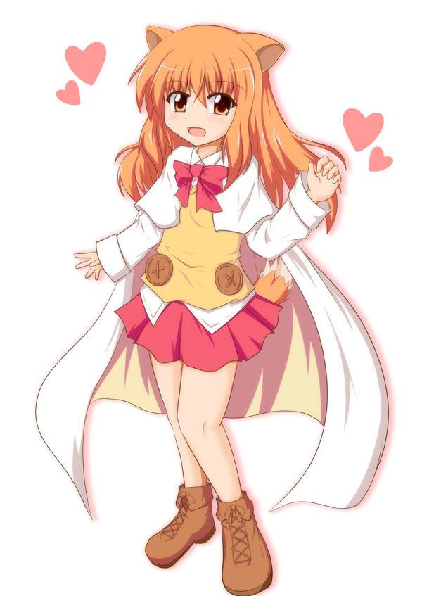 animal_ears, boots, brown_eyes, brown_hair, cape, dog_days, dog_ears, dog_tail, long_hair, looking_at_viewer, open_mouth, ricotta_elmar, simple_background, solo, tail, white_background, yuuki_shougo