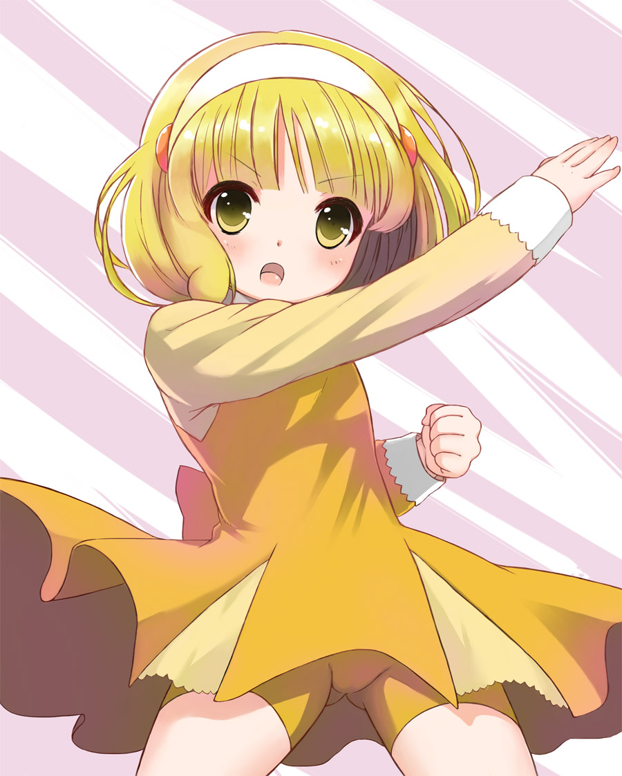 1girl, bike_shorts, blonde_hair, dress, flat_chest, hairband, henshin, henshin_pose