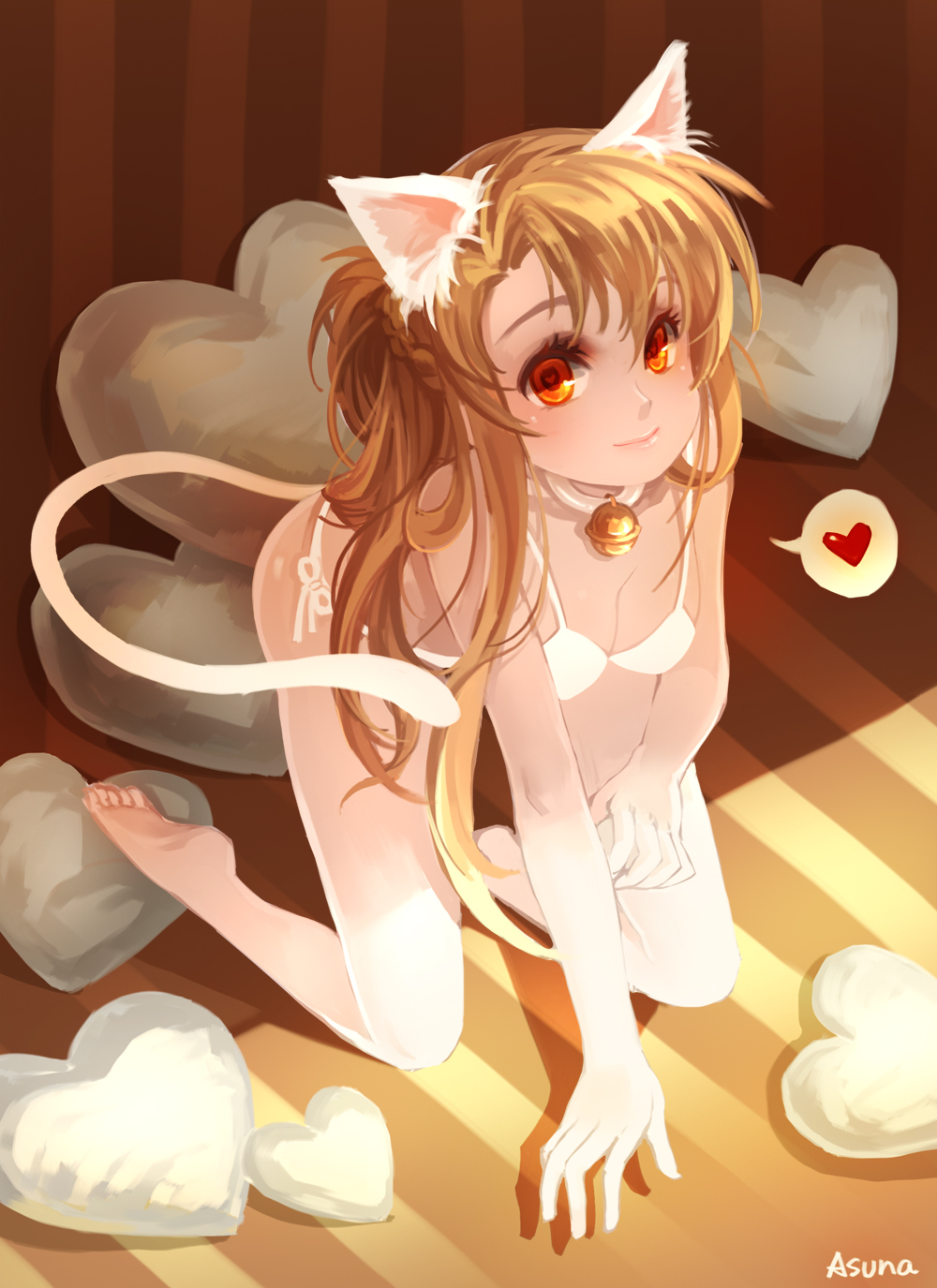 all_fours, animal_ears, asuna_(sao), barefoot, bell, bikini, breasts, brown_eyes, brown_hair, cat_ears, cat_tail, heart, highres, huazha01, kemonomimi_mode, kneeling, long_hair, looking_at_viewer, solo, spoken_heart, swimsuit, sword_art_online, symbol_shaped_pupils, tail