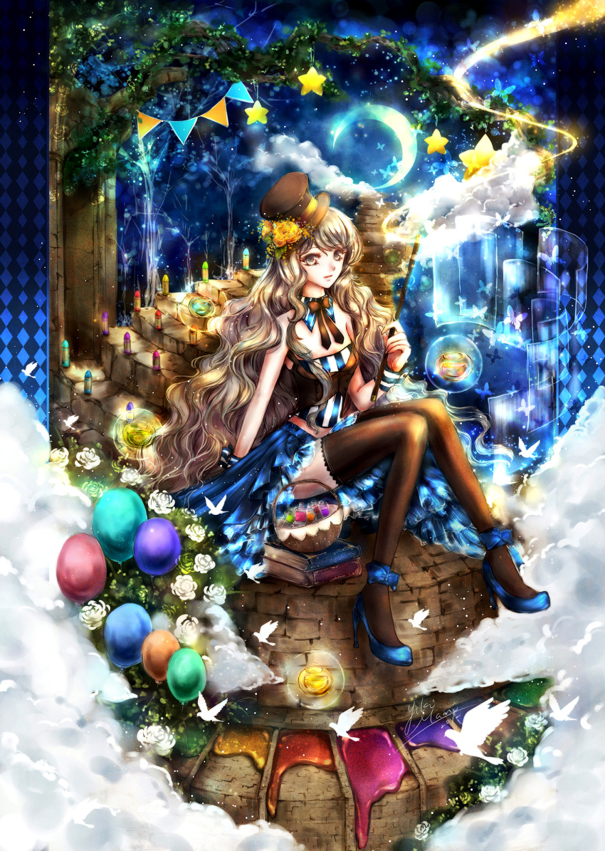 bare_shoulders, bird, black_legwear, dress, egg, hat, highres, magic