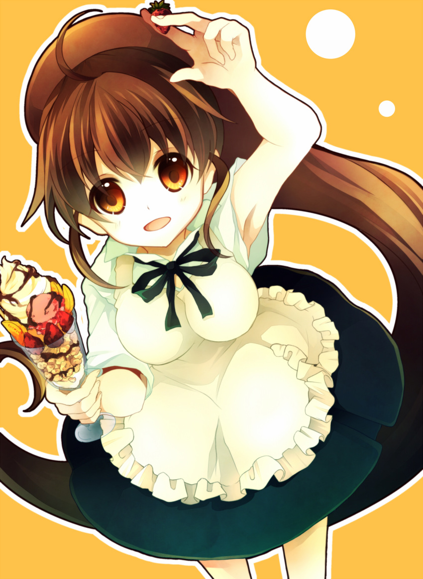 1, 1girl, arm_up, armpits, breasts, brown_eyes, brown_hair, food