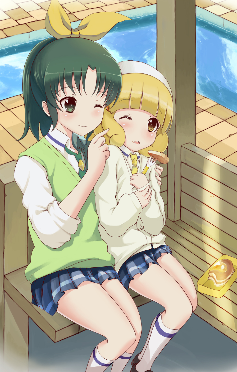 blonde_hair, blush, butter, cardigan, chair, eating, fork, green_eyes