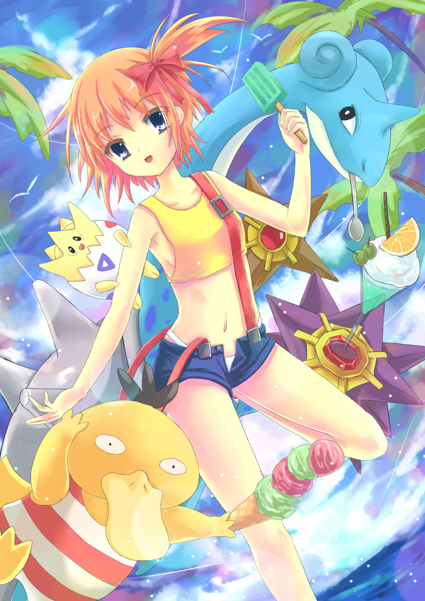 absurdres, bird, black_eyes, blue_eyes, blush, bow, creature, crop_top