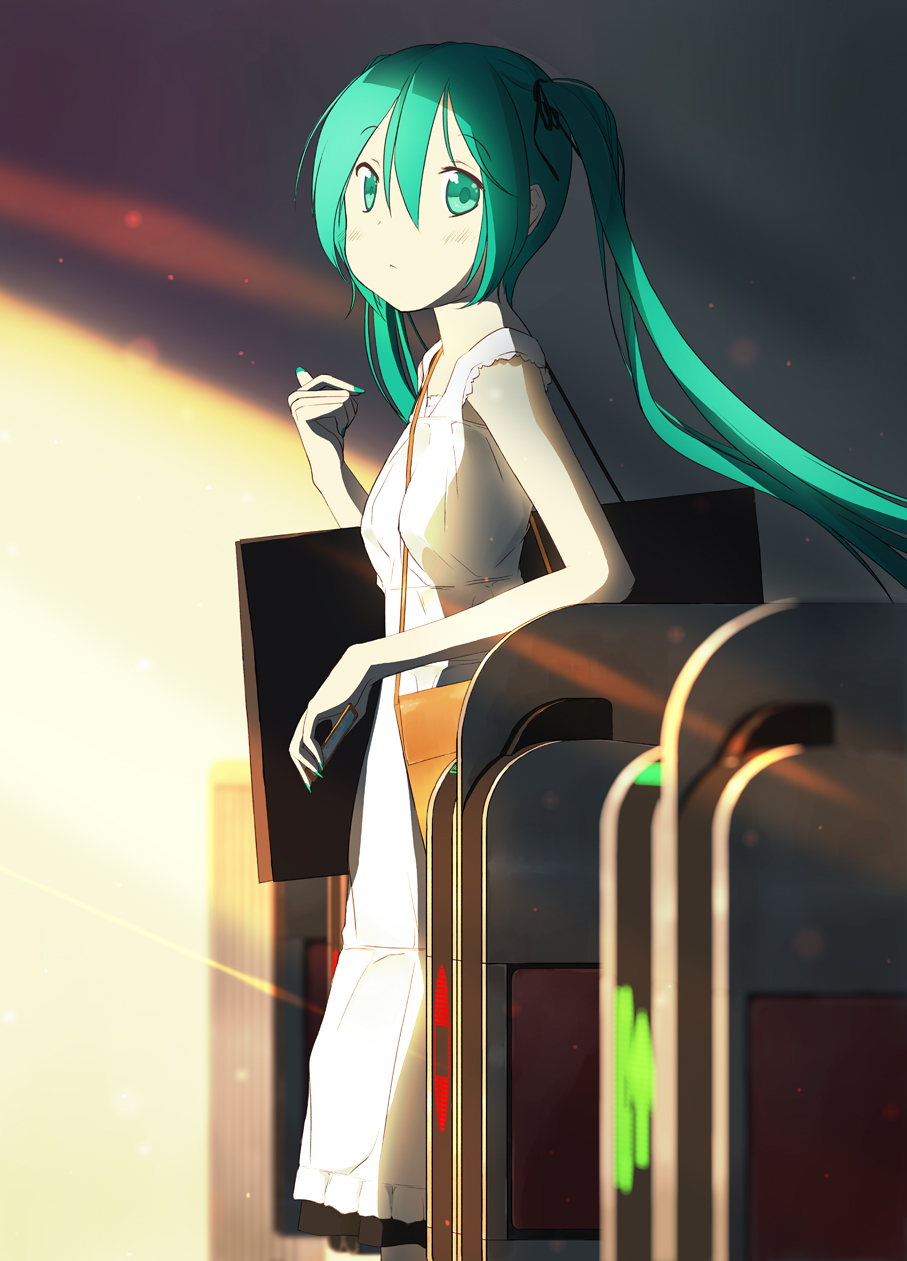 dress, earphones, fare_gate, hatsune_miku, highres, light, looking_at_viewer, nail_polish