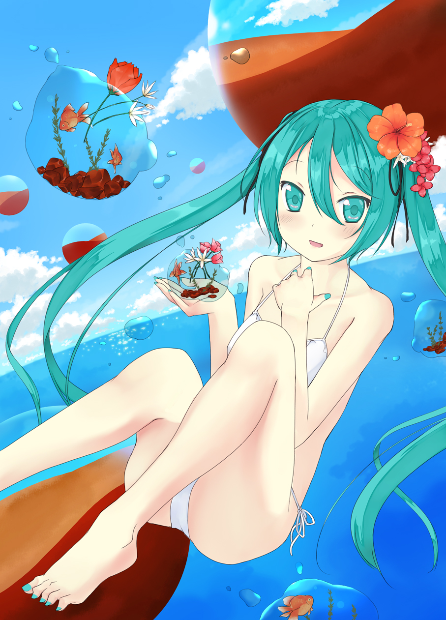 bikini, blush, cloud, clouds, fish, flower, goldfish, hair_flower