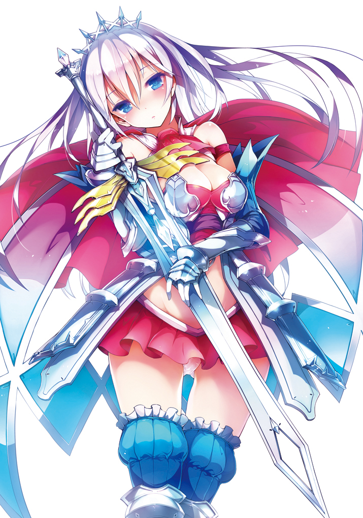 armor, bare_shoulders, blue_eyes, boots, breasts, cape, cleavage, gauntlets