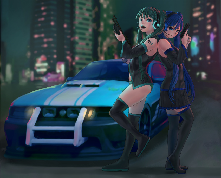 all_points_bulletin, blue_eyes, blue_hair, boots, car, city, ford_mustang, gun