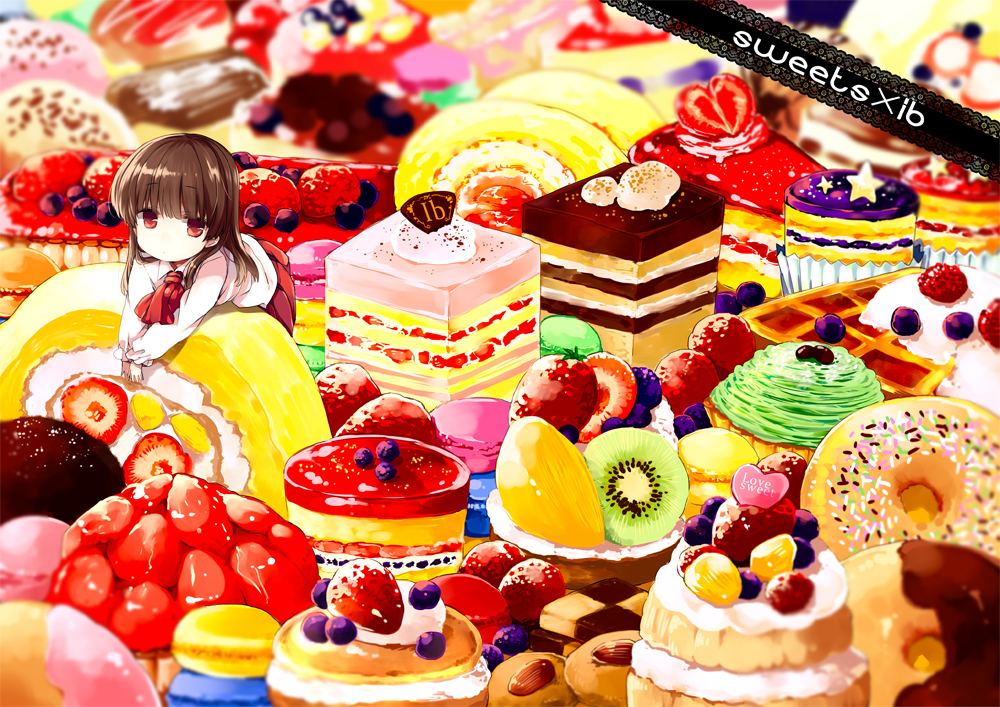 bad_id, blueberry, brown_hair, cake, character_name, checkerboard_cookie, cookie, cupcake