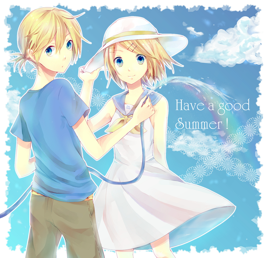 1girl, blonde_hair, blue_eyes, brother_and_sister, hair_ornament, hairclip, hat, holding