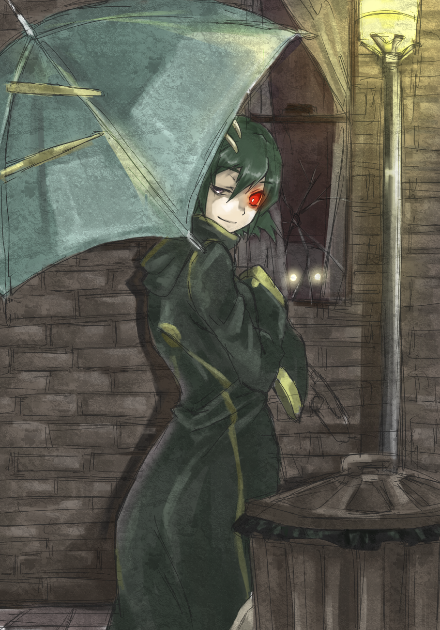 answered_prayers, cloak, flourette, fluorette, garbage_can, green_hair, hair_ornament, hairclip