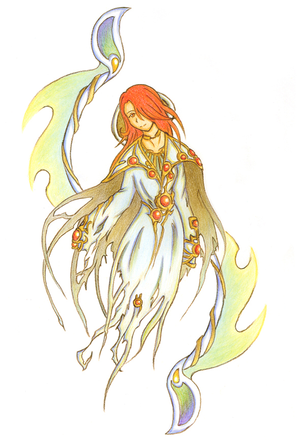 1girl, armor, dragoon, dress, ghost, personification, red_eyes, red_hair