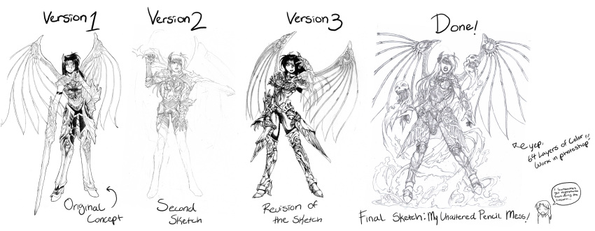 armor, aura, bone, breasts, claws, comparison, evolution, eyepatch, ghost, gloves, headgear, highres, lipstick, long_hair, makeup, marci_miller, mound_of_venus, open_mouth, original, purple_hair, rose_(dragoon), signature, skull, solo, soul, spandex, teeth, the_legend_of_dragoon, tongue, watermark, wings