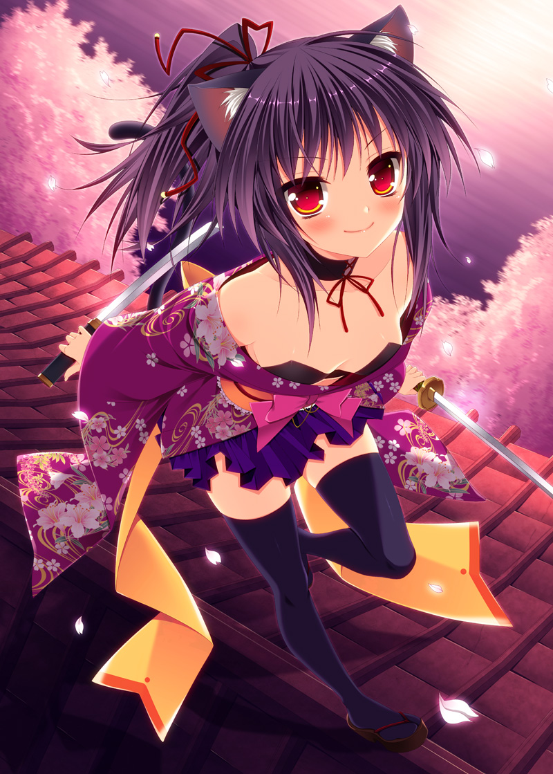 alm, animal_ears, bare_shoulders, black_hair, black_legwear, blush, cat_ears, cat_tail