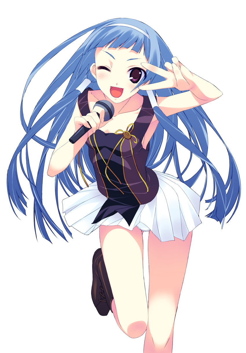 1girl, ;d, absurdres, blue_hair, collarbone, female, highres, holding_microphone, kannagi, leg_up, legs, microphone, murakami_suigun, nagi, nagi-sama, one_eye_closed, open_mouth, panties, pantsu, pantyshot, purple_eyes, simple_background, skirt, sleeveless, smile, solo, underwear, v, v_over_eye, violet_eyes, white_panties, wink
