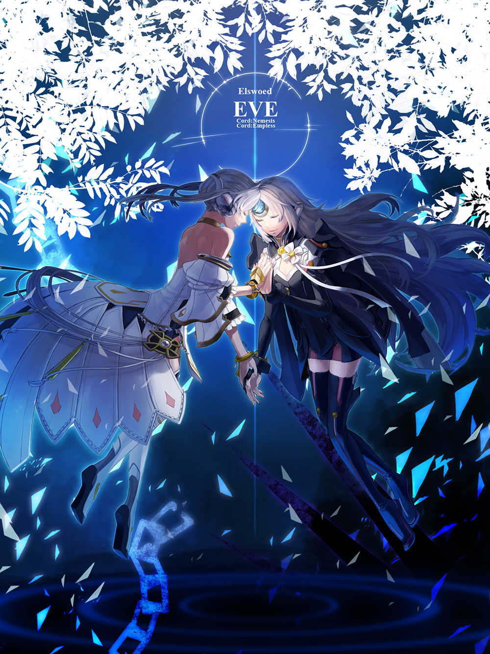 aquacrown000, back, bare_shoulders, black_legwear, blue_background, boots, character_name, closed_eyes