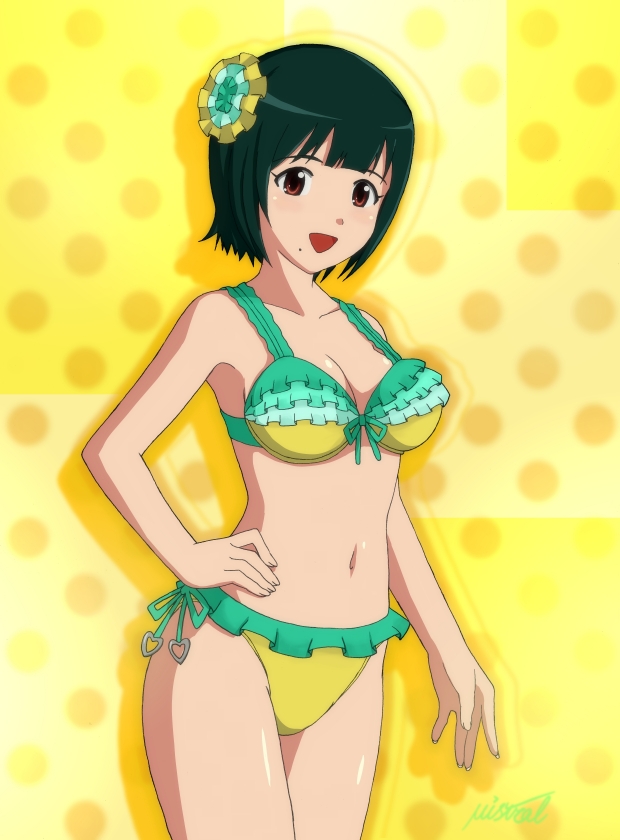 bikini, brown_eyes, frills, green_hair, idolmaster, miastral_violet, mole, namco, otonashi_kotori, short_hair, swimsuit, vivid_bikini