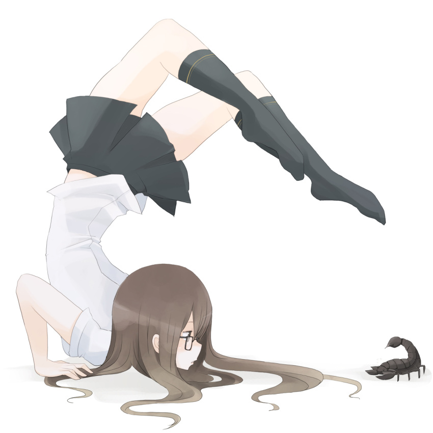 black_legwear, black_socks, brown_eyes, brown_hair, chest_stand, glasses, highres, long_hair
