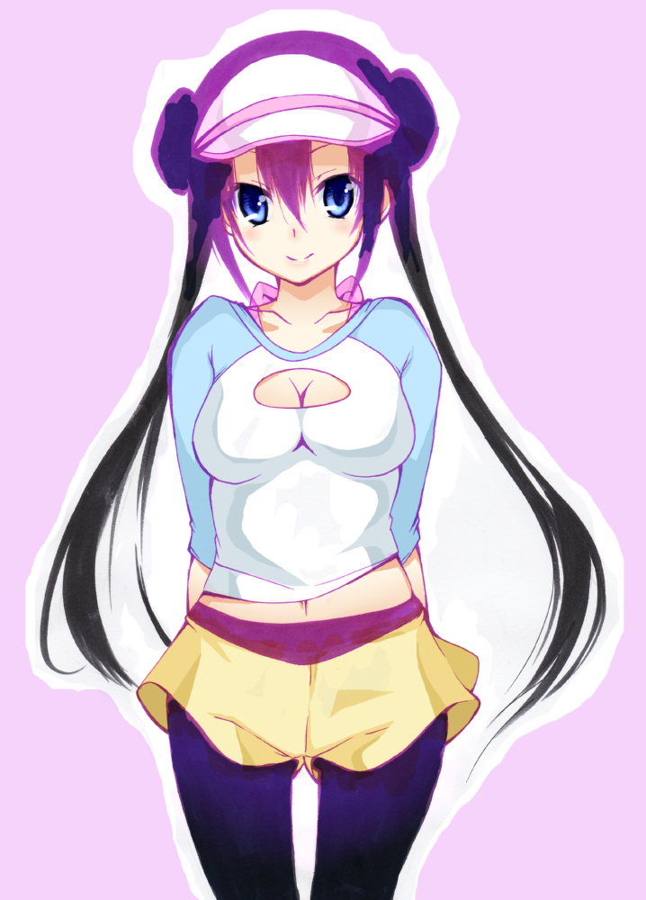black_legwear, blue_eyes, bow, breasts, brown_hair, cleavage, cleavage_cutout, cutout