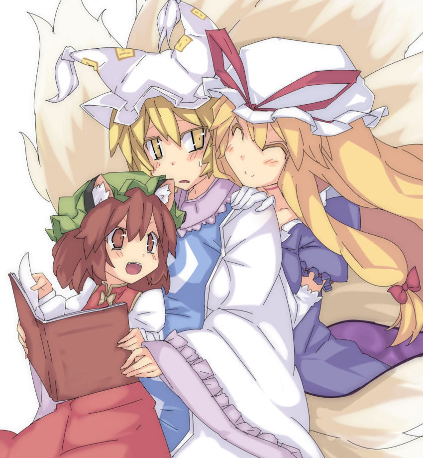 animal_ears, blonde_hair, book, brown_eyes, brown_hair, cat_ears, chen, closed_eyes