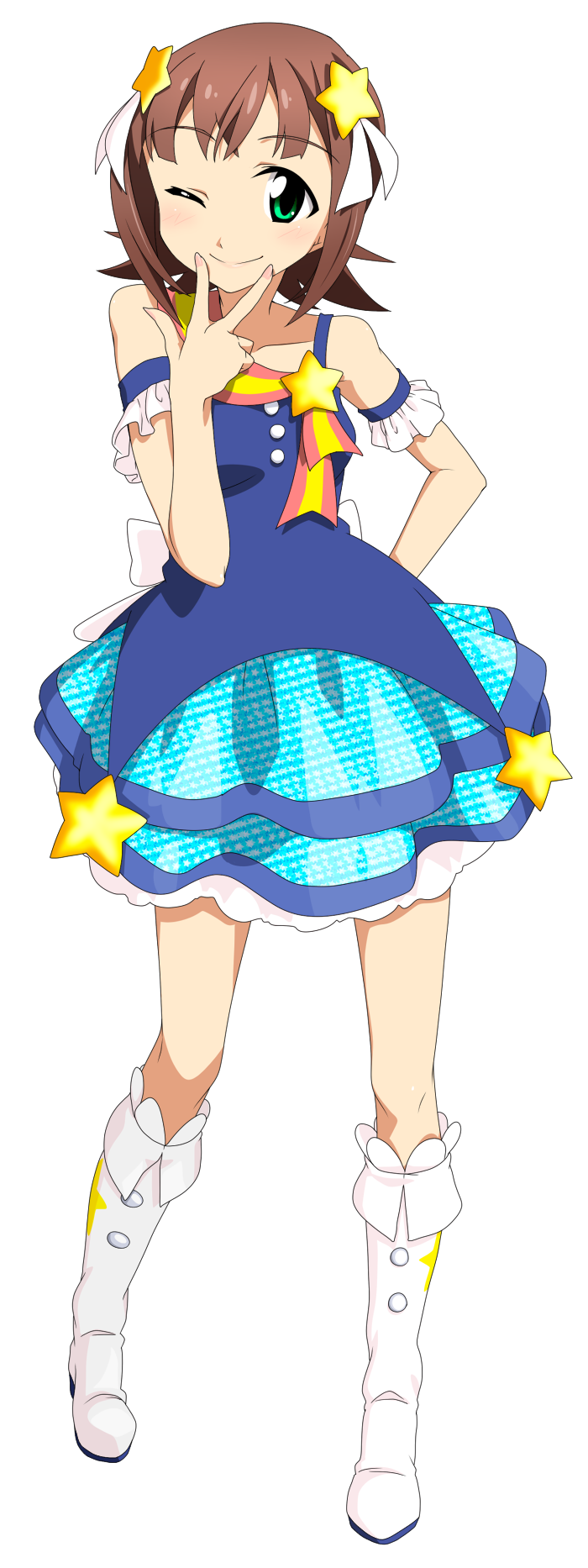 amami_haruka, arm_garter, boots, brown_hair, forever_star_(idolmaster), green_eyes, hair_ornament, highres, idolmaster, idolmaster_2, simple_background, smile, solo, star, takeya_yu-ki, takeya_yuuki, the_idolm@ster, transparent_background, transparent_png, white_boots, wink