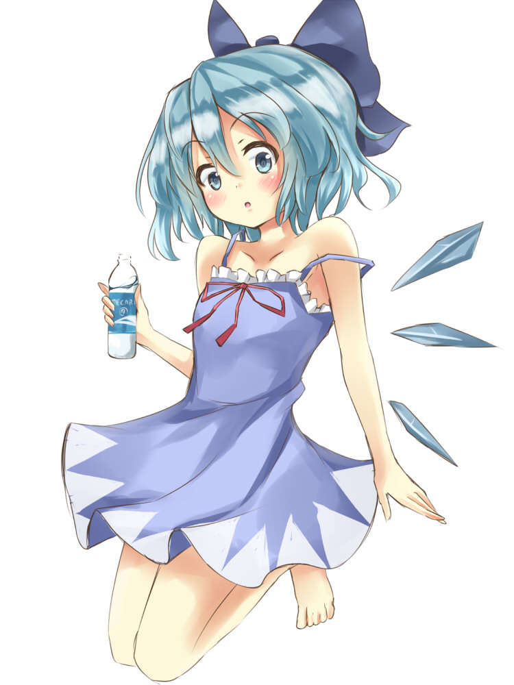 ⑨, ?, bare_arms, bare_legs, barefoot, blue_dress, blue_eyes, blue_hair