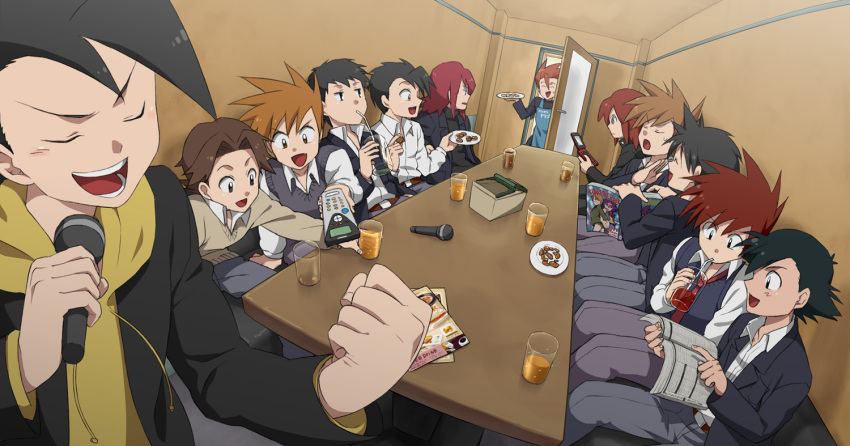 6+boys, alternate_costume, black_hair, book, brown_hair, casual, drinking, glass, gold_(pokemon), jacket, karaoke, koma_yoichi, microphone, multiple_boys, necktie, ookido_green, ookido_shigeru, pokemon, pokemon_(anime), pokemon_(game), pokemon_gsc, pokemon_hgss, pokemon_special, red_(pokemon), red_(pokemon)_(classic), red_(pokemon)_(remake), red_hair, redhead, reen_(pokemon), remote, satoshi_(pokemon), silver_(pokemon), singing, sonezaki_masaki, spiked_hair, spiky_hair, sweatdrop, wataru_(pokemon)