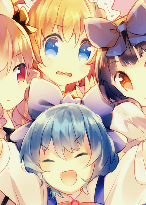 arms_up, black_hair, blonde_hair, blue_eyes, blue_hair, bow, brown_eyes, brown_hair