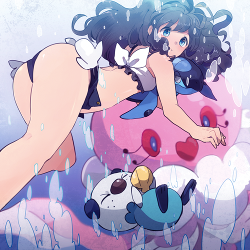 1girl, ass, bangs, bare_legs, bikini, bikini_top, blue_eyes, bow, brown_hair, bubble, bubbles, denim, denim_shorts, diving, floating_hair, frilled_bikini, frills, jellicent, long_hair, lowres, onaramaru, oshawott, pokemon, pokemon_(creature), pokemon_(game), pokemon_bw, shorts, swimsuit, tirtouga, touko_(pokemon), underwater