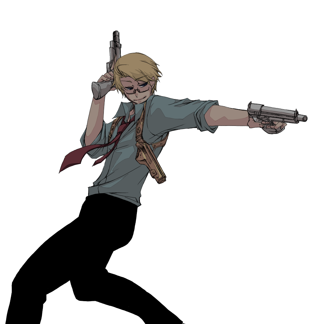 america_(hetalia), armpit_holster, axis_powers_hetalia, bad_id, blonde_hair, brindiamo, dual_wielding, glasses
