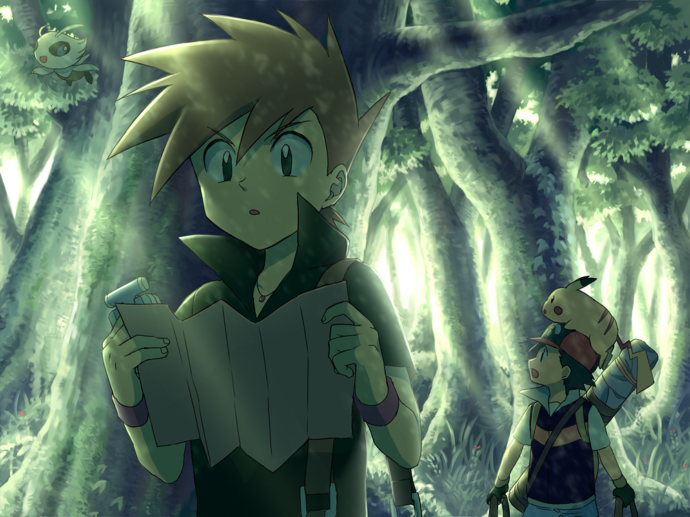 2boys, bag, baseball_cap, black_hair, brown_hair, celebi, child, fingerless_gloves