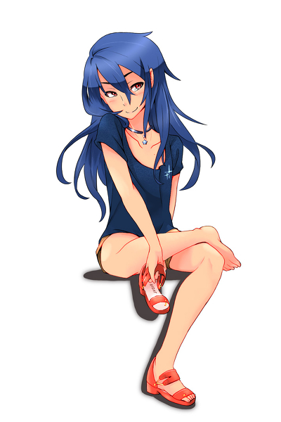 1boy, bare_legs, blue_hair, collar, collarbone, ichiran, long_hair, original, red_eyes, shorts, simple_background, sitting, smile, solo, t-shirt, trap, white_background