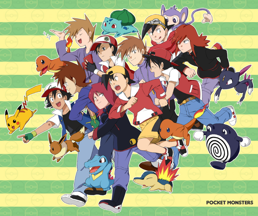 6+boys, aipom, backwards_hat, baseball_cap, black_eyes, black_hair, brown_hair, bulbasaur