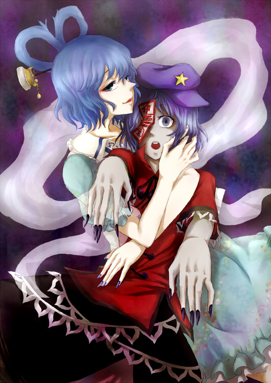 blue_hair, chinese_clothes, fingernails, green_eyes, hair_rings, hair_stick, hat, kaku_seiga