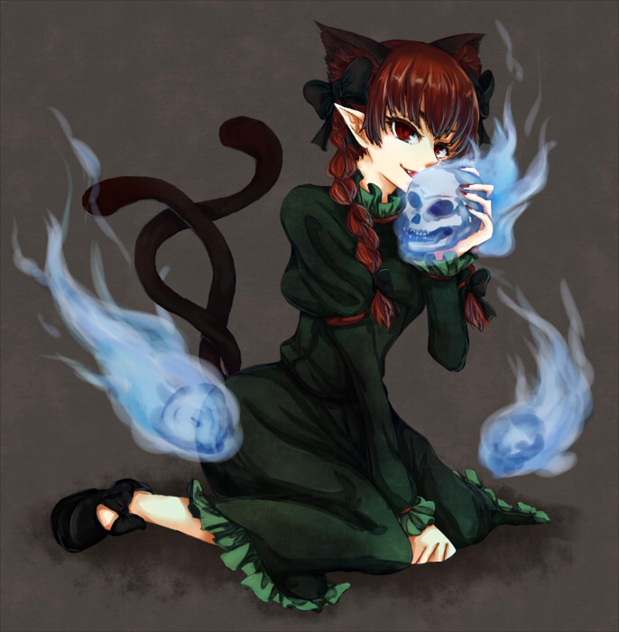 animal_ears, braid, cat_ears, cat_tail, kaenbyou_rin, long_hair, long_sleeves, manasseh, multiple_tails, open_mouth, pointy_ears, puffy_sleeves, red_eyes, red_hair, redhead, solo, spirits, tail, touhou, twin_braids