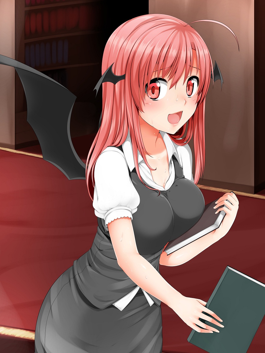 blush, book, breasts, head_wings, highres, holding, holding_book, koakuma