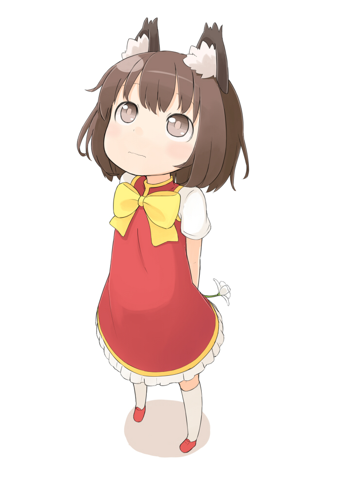 :|, animal_ears, arms_behind_back, brown_eyes, brown_hair, cat_ears, chen, dress, flower, looking_up, nakashino_setsu, nervous, no_hat, no_headwear, solo, touhou, wavy_mouth, white_background
