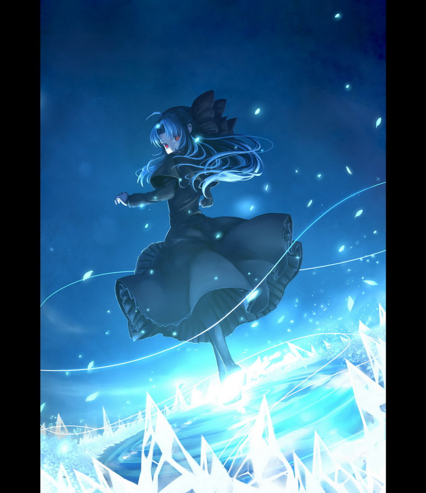 ahoge, black_dress, black_legwear, blue_hair, border, bow, darkers, dress